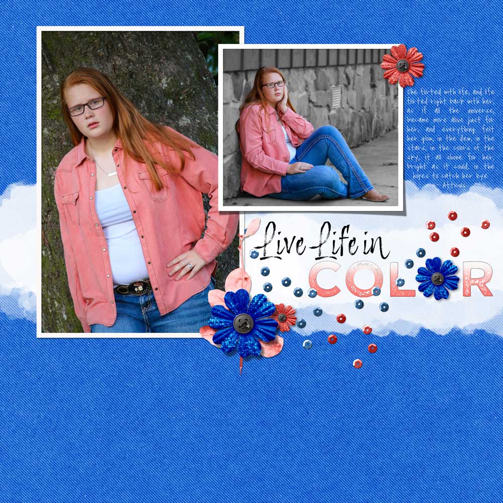 Page & Photos by Gina Harper Tutorial: Color Pop Photos with Select Subject by Gina Harper Kits: Commencement by Amber Shaw, Backpack and Pencils Denim Paper by Jessica Dunn, Reading, Writing, And Arithmetic by Janet Kemp and The Good Life by Marisa Lerin Fonts: CK Liberty Park, Wicked Grit, Adore You