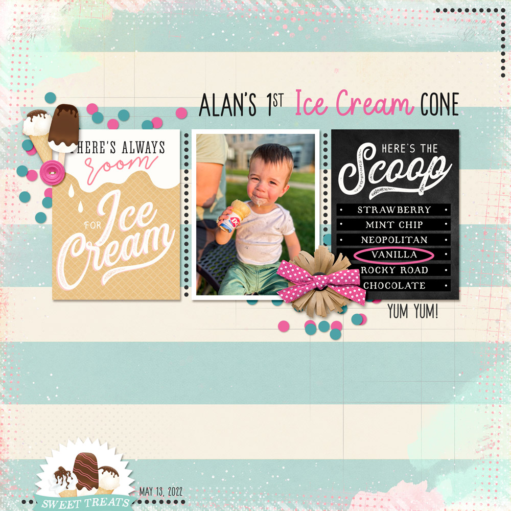 Page: Jenifer Juris Photo: Jesica Sontag Tutorial: 3 Ways to Use a Dotted Brush by Carla Shute Kits: Sweet Treats Journal Card Pack by Kristin Cronin-Barrow, Believe in the Possibilities by Kristin Cronin-Barrow, Candied Crush by Simple Pleasure Designs Fonts: Euphoria Sans, Pinky Spring