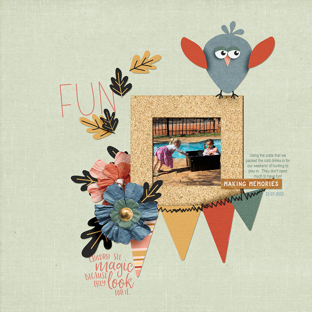 Page & Photos: Fun by Adelle Fourie Tutorial: Extracted Word Art with the Magic Wand Tool by Gina Harper Kit: August 2022 by Gina Jones Font(s): Arial, Bumble Bee