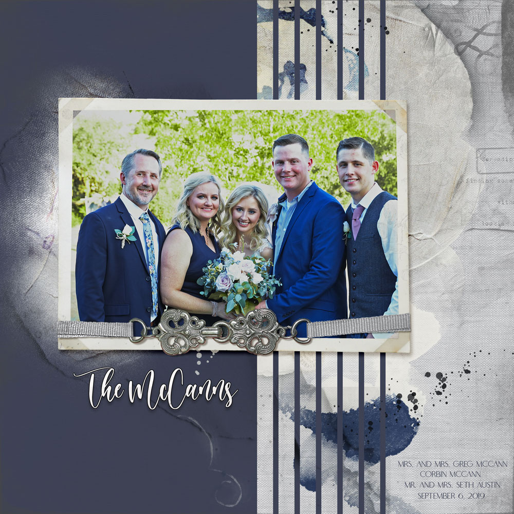 Page: The McCanns by Rhonda AustinPhoto: Victor Photography Tutorial: Transitioning Stripes by Gina Harper Kits: Art Play Palette Ikigai and Inclement by Anna Aspnes Fonts: Blessed Day and Boowie 