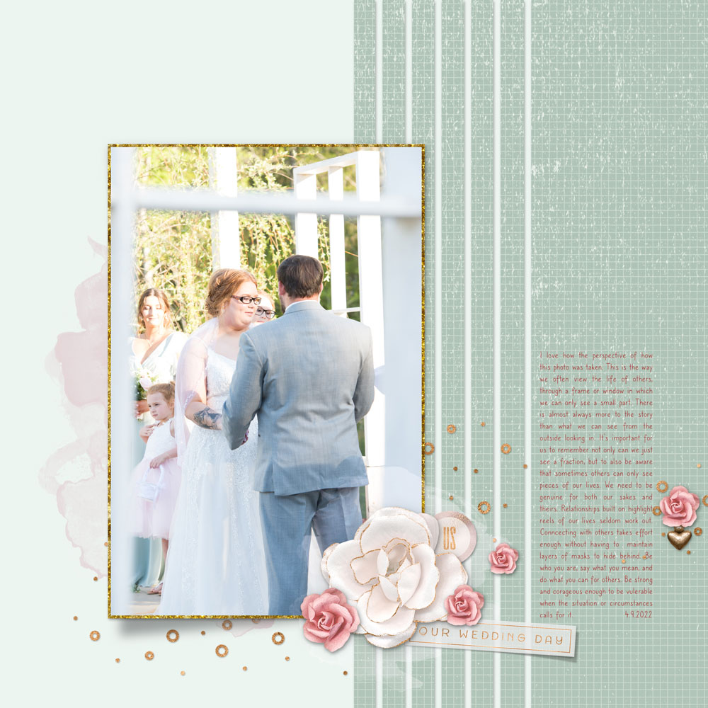 Photo: Debbie Gentry SteelePage: Our Wedding Day by Gina Harper Tutorial: Transitioning Stripes by Gina Harper Kit: Blush by Brandy Murry Font: Caron 