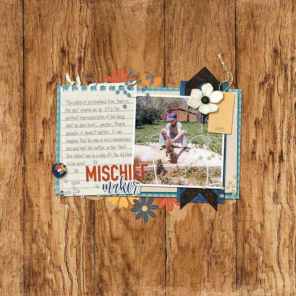 Page & Photo: Kellie LinnTutorial: Altered Scatter by Gina Harper Kit: Country Sunshine by Kristin Cronin Barrow, Template 8 by Mommyish Fonts: Pea so Lovely, Mustache Script, DIN Condensed 