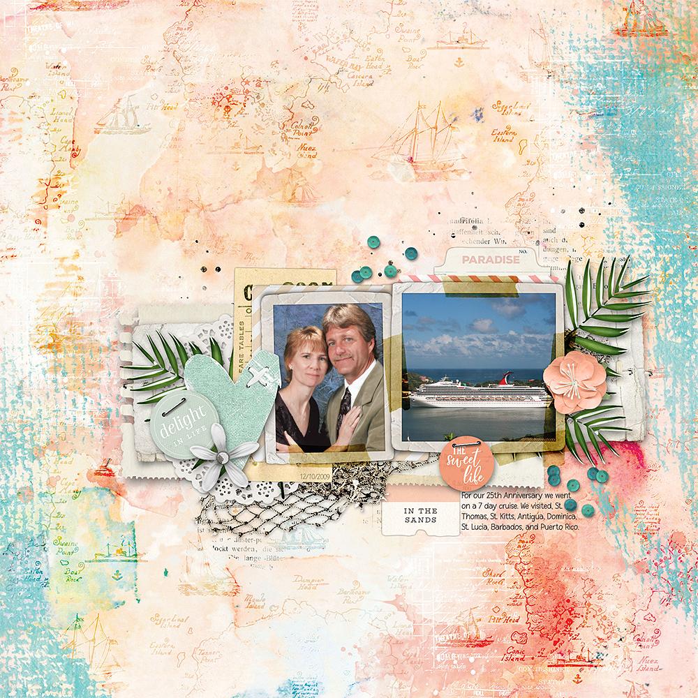Page & Photos: Anniversary Cruise by Lisa HelsethTutorial: Altered Scatter by Gina Harper Kit(s): Altered Studio Layer Works No 1540, Vintage Costal by Katie Pertiet Font(s): Childraw 