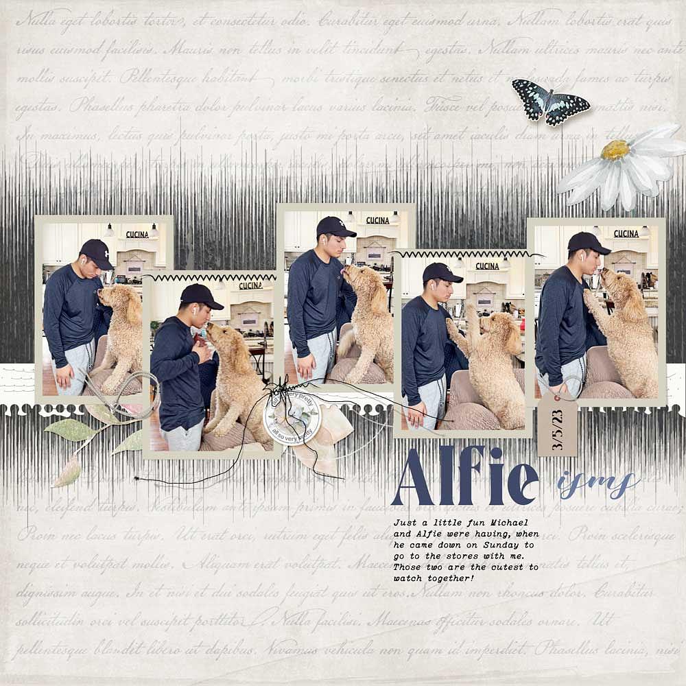 Photos: Rachel TurcoPage: Alfie-isms by Anke Turco Tutorial: Spectrogram Anchor with the Wave Filter by Gina Harper Kits: Blooming Beautiful, Pretty Wild, Everyday Stories by Meryl Bartho Fonts: Aesthico, Oceanside Typewriter, Loving Hearty 