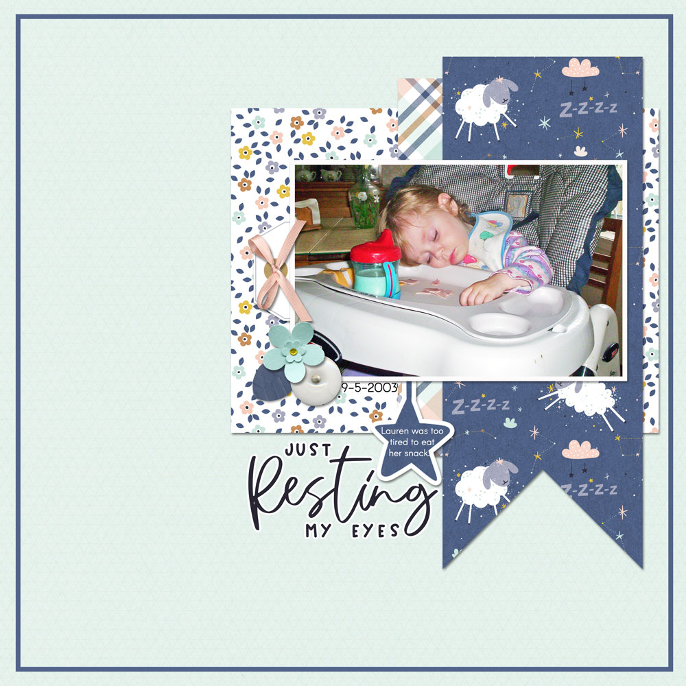 Page & Photo: Carla ShuteTutorial: Paper Banner by Carla Shute Kits: Sleepyhead and In This Moment by KimB Designs Font: Arcon 
