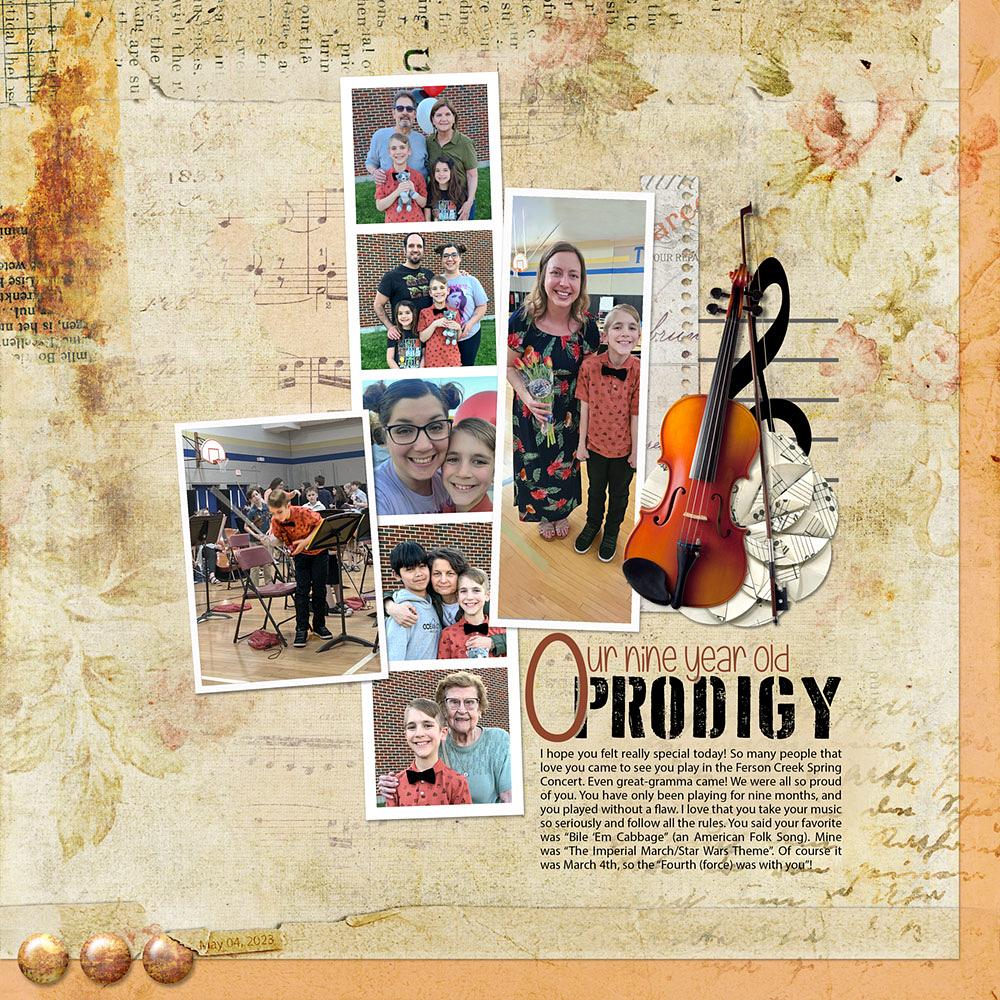 Photos & Page: Our Nine Year Old Prodigy by Nanci RadfordTutorial: Photo Strip by Gina Harper Kits: Digital Scrapper Premier 2023, Perfect Harmony by Digilicious Designs, Pixel Scrapper Fonts: Are You Freakin Serious, D Day Stencil, Myriad Pro 